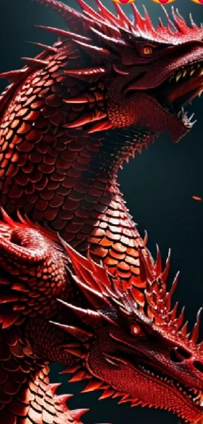 Red two-headed dragon with flames in stunning wallpaper design.