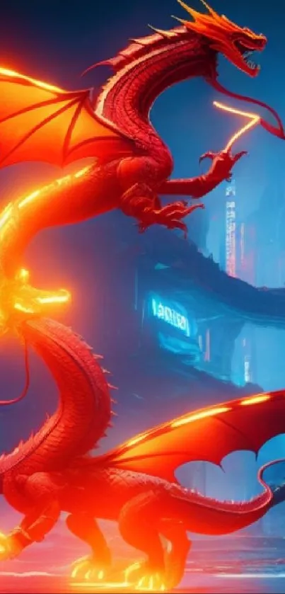 Twin fiery dragons in neon city fantasy art wallpaper.