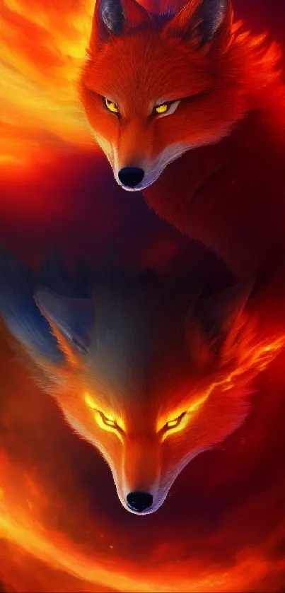 Two fiery foxes in vivid orange hues create a striking mobile wallpaper design.