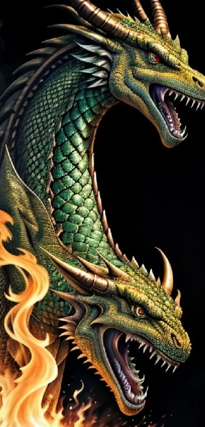 Two-headed dragon with fiery details on mobile wallpaper.