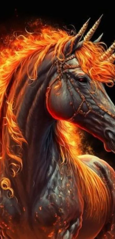 Majestic unicorn with fiery mane wallpaper.