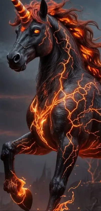 A fiery unicorn with a glowing mane standing in a dark mythical setting.