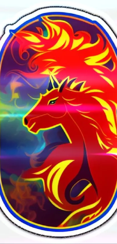 Fiery red unicorn with a colorful, dynamic design on a mobile wallpaper.