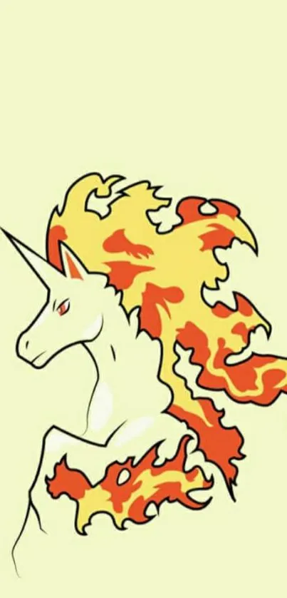 A fiery unicorn with a vibrant flaming mane on a light yellow background.