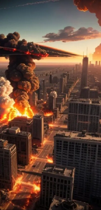 Dramatic urban scene with fiery explosions dominating the cityscape.