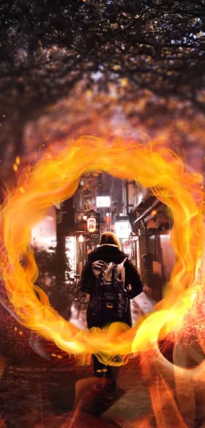 Traveler in an alley with fire ring, vibrant urban scene.