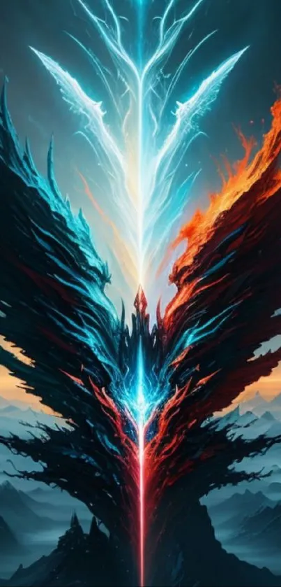 Fantasy artwork of fiery and icy wings over mountains.