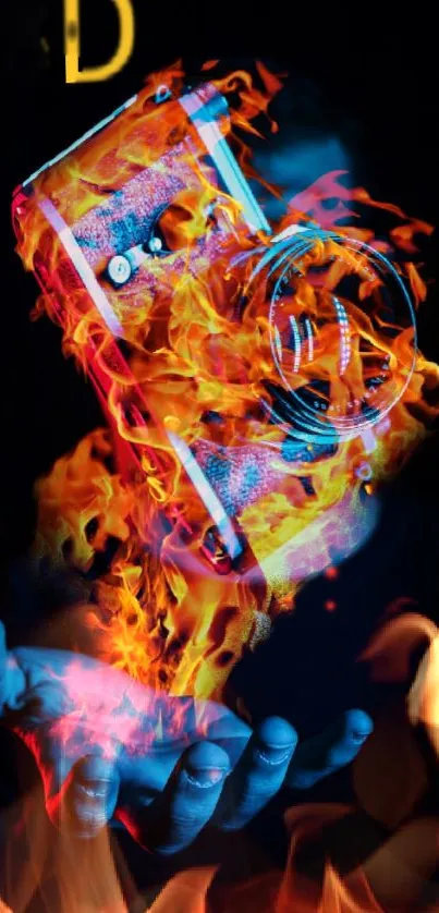 Vintage camera engulfed in vibrant flames over a hand.