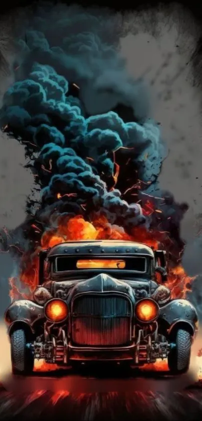 Vintage car in fiery explosion with dramatic smoke.