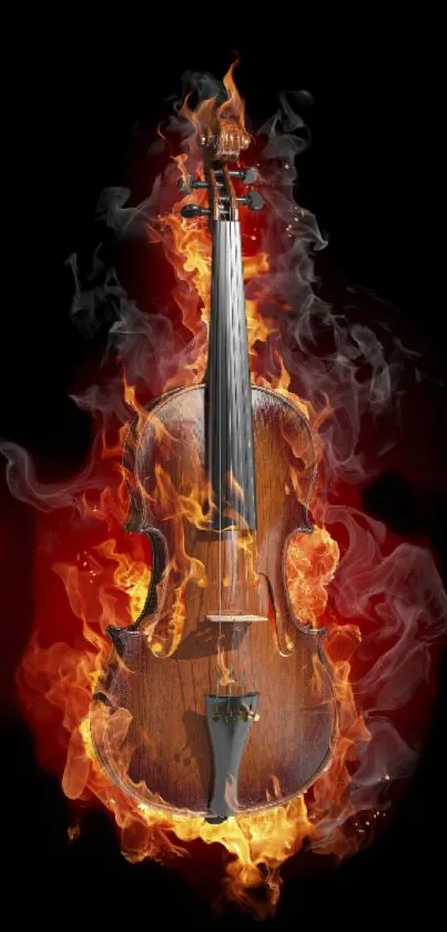 Violin engulfed in vibrant flames against a black background.