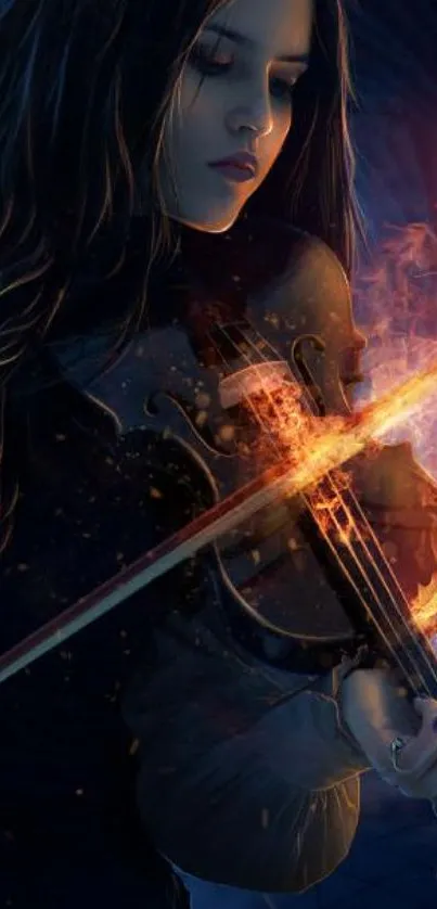 Fantasy art of a woman playing a glowing fiery violin against a dark background.