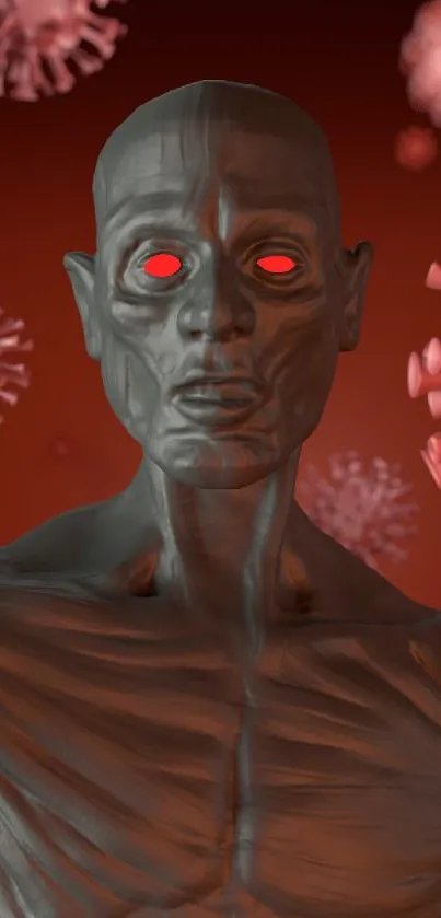 Futuristic humanoid with red virus design, bold sci-fi wallpaper.