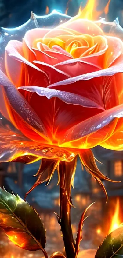 Artistic fiery rose with glowing petals and a mystical ambiance.