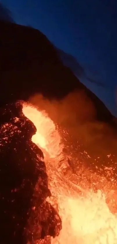 Dramatic volcanic eruption with glowing lava and dark night sky backdrop.