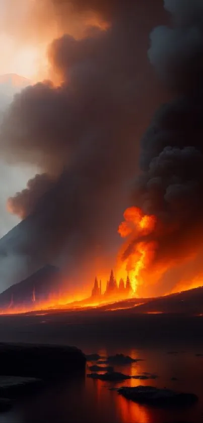 Volcanic eruption with lava and smoke, creating a fiery landscape.