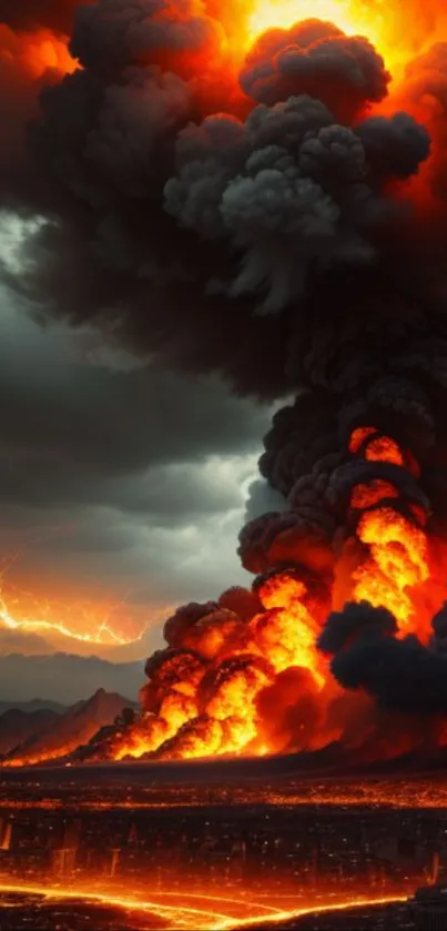 A dynamic volcanic eruption with vivid orange flames and dense dark clouds.