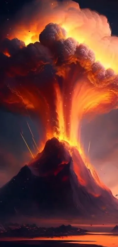 Fiery explosion of a volcanic eruption at twilight.