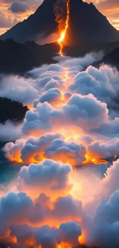 Fiery volcanic eruption with glowing clouds in the sky.