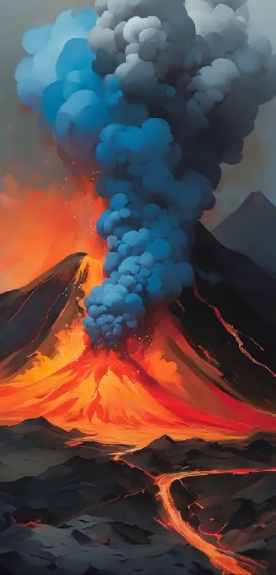 Vibrant volcano eruption with flowing lava against dark mountains.