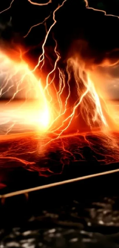 Fiery volcano eruption with lava and lightning in dramatic mobile wallpaper.