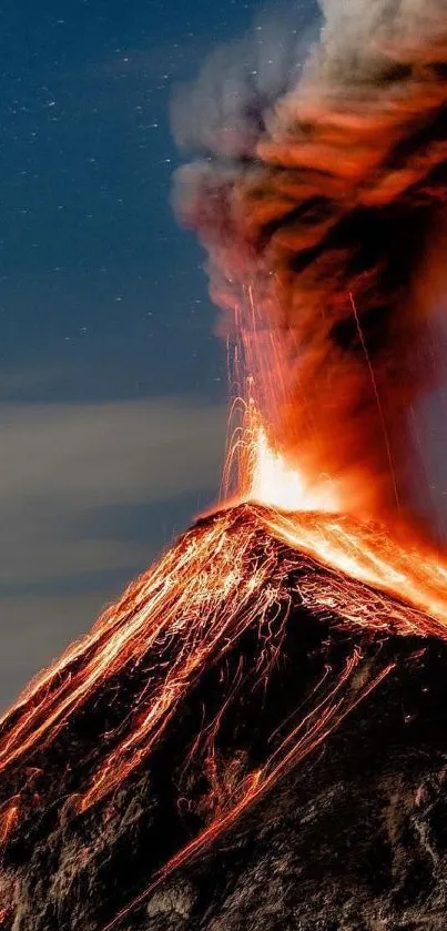 Dramatic image of a volcano erupting with fiery lava against a dark sky.