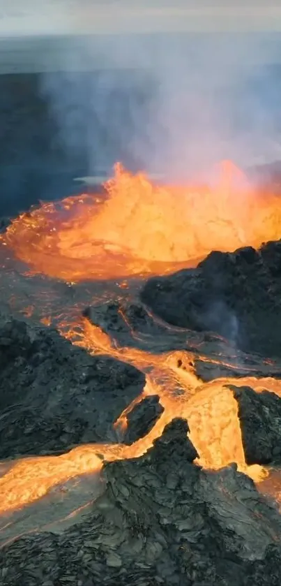 Mobile wallpaper of a volcano erupting with flowing lava and fiery hues.