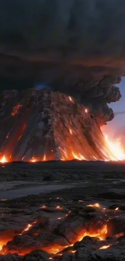 Volcano erupting with lava and smoke under a twilight sky, forming a dramatic scene.