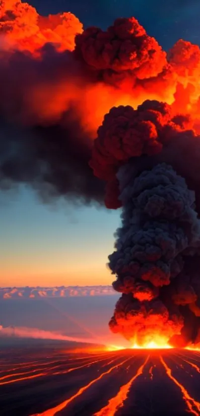 Volcanic eruption with fiery smoke and lava flow at twilight sky.