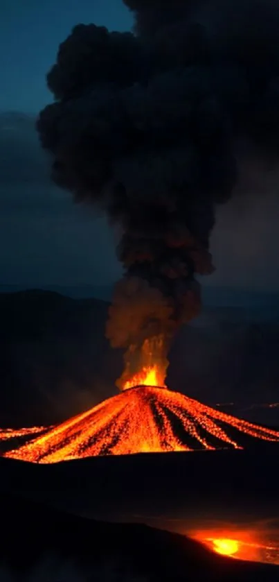 Dark, dramatic volcanic eruption with bright lava against a night sky.