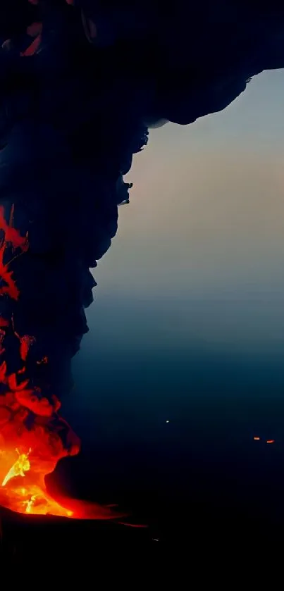 Fiery volcano eruption with lava and smoke against a dark sky wallpaper.