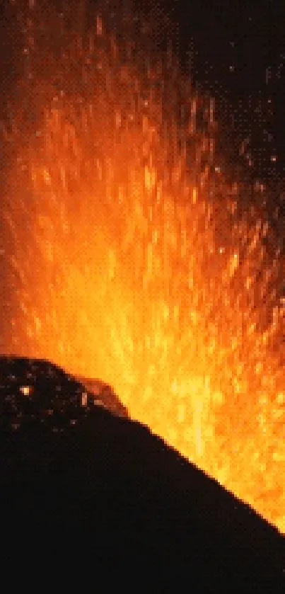 Volcano eruption with fiery lava under a dark sky.