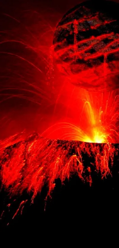 Vivid red volcanic eruption with lava flow at night.