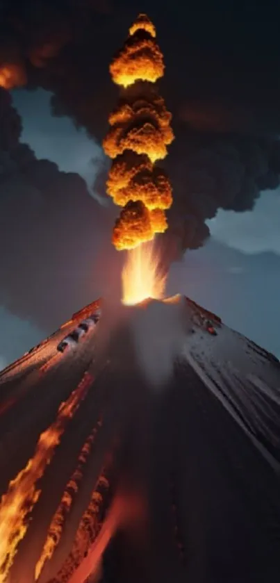 Vibrant volcano eruption with fiery lava and smoke.