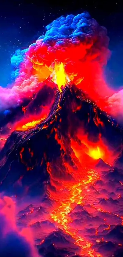 Vivid fiery volcano eruption with vibrant lava and smoke under a deep blue sky.