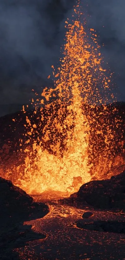 Fiery volcanic eruption with lava flow under a smoky sky.