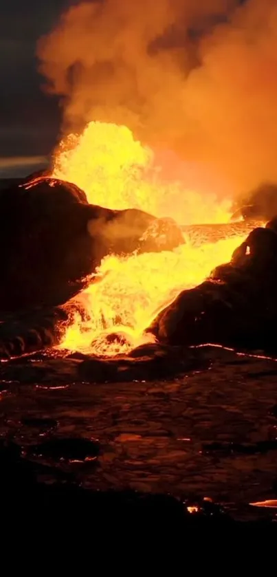 Vivid mobile wallpaper of a volcanic eruption with molten lava at night.