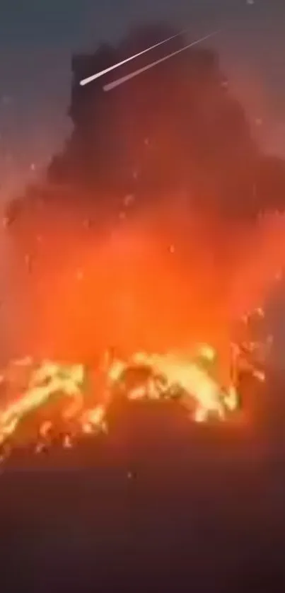 Vivid orange volcano eruption scene with flames and ash.