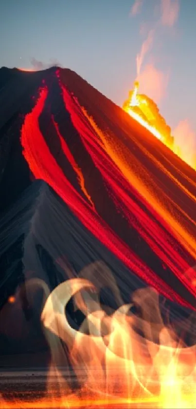 Dramatic volcanic eruption with glowing lava and vibrant sky.