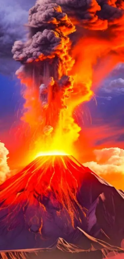 Vibrant volcanic eruption with fiery orange lava and smoke plume.