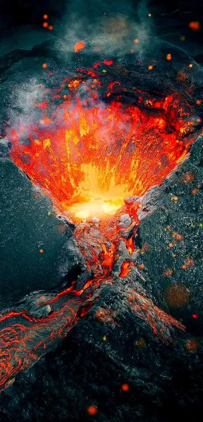 Dramatic volcano eruption with flowing lava and glowing molten rocks.