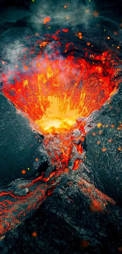 Dynamic fiery volcano eruption with glowing lava flows for a stunning phone wallpaper.