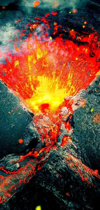 Dynamic image of a fiery volcanic eruption with vivid red-orange lava.