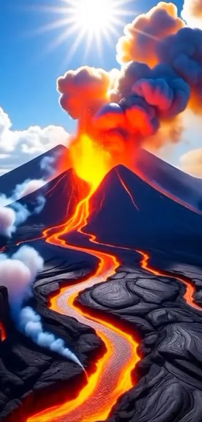 Volcanic eruption with lava flow and smoke.