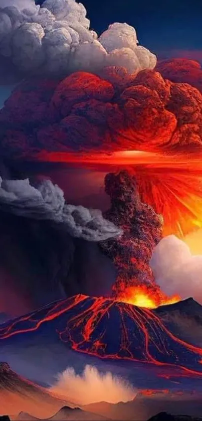 A dramatic volcanic eruption with fiery lava and clouds at sunset.