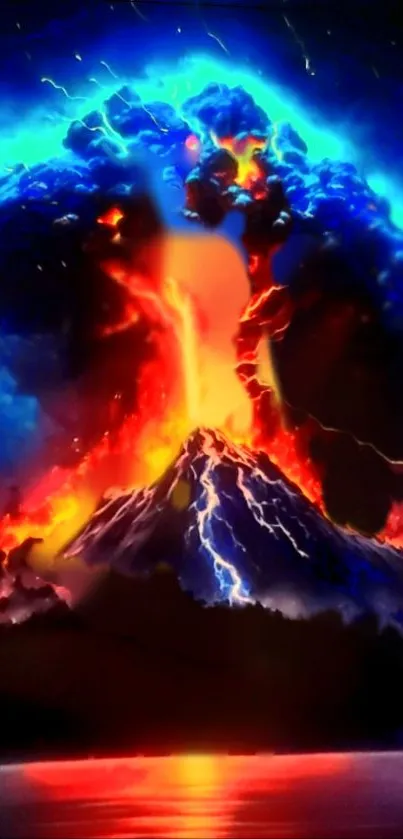 Dramatic volcanic eruption with vivid blue skies and molten lava.