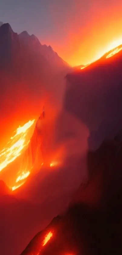 Vibrant fiery volcanic landscape with glowing lava.