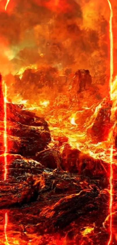 Fiery volcanic landscape with glowing lava and dramatic rocky formations.