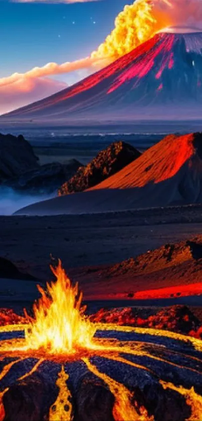 Fiery volcanic eruption with lava and mountains, perfect for mobile wallpaper.