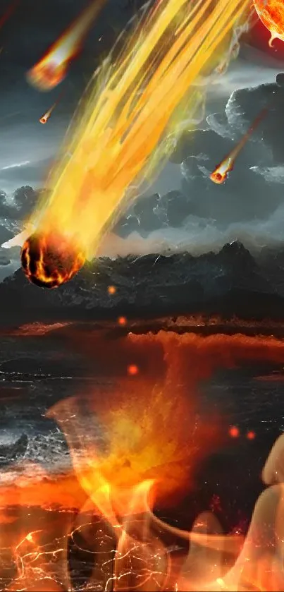 Dramatic volcanic landscape with glowing lava.