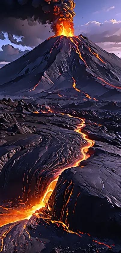 Erupting volcano with flowing lava under a vibrant sky.